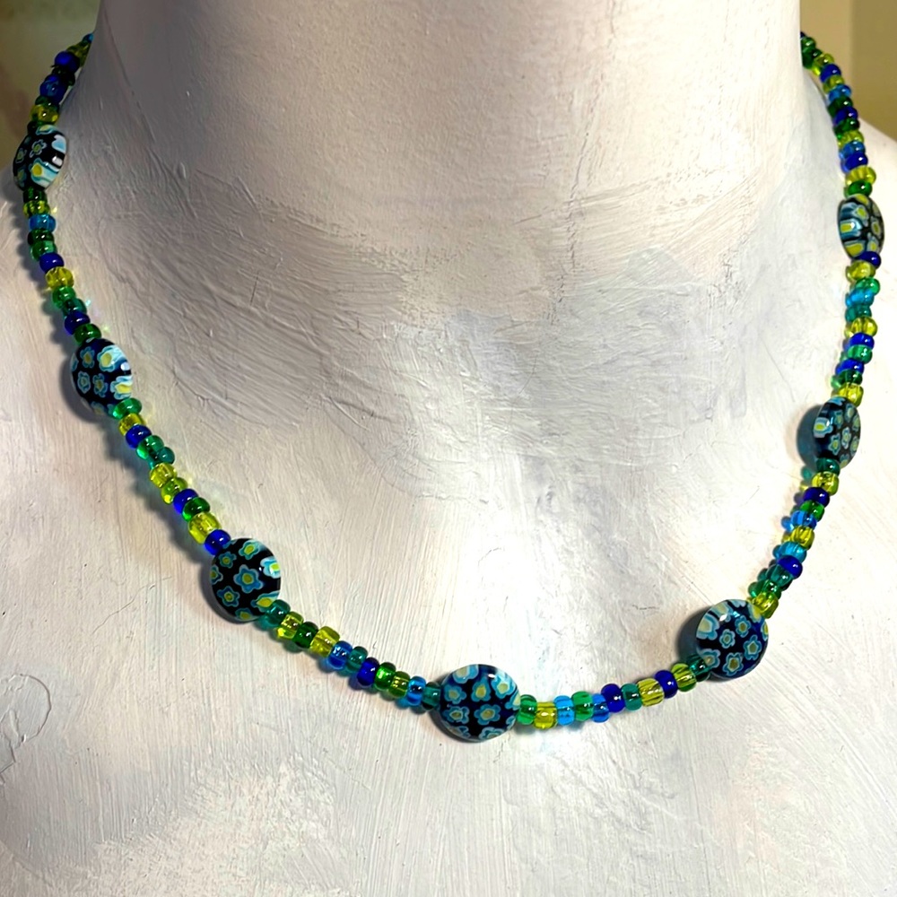 Lampwork glass beaded short necklace blue green and white